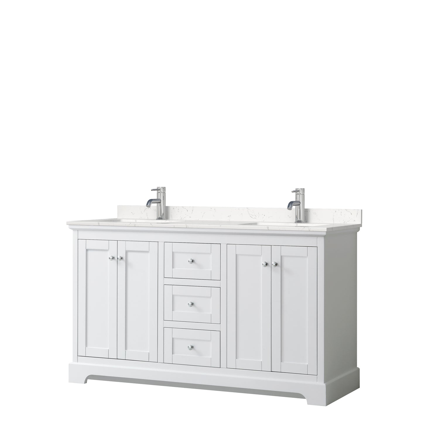 Avery 60 Inch Double Bathroom Vanity in White, Carrara Cultured Marble Countertop, Undermount Square Sinks, No Mirror
