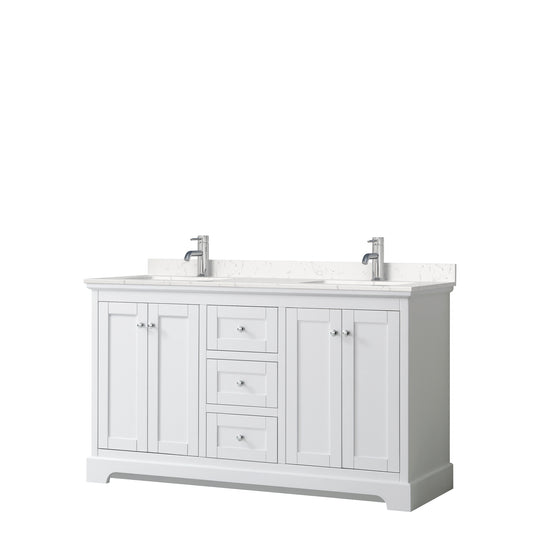 Avery 60 Inch Double Bathroom Vanity in White, Carrara Cultured Marble Countertop, Undermount Square Sinks, No Mirror