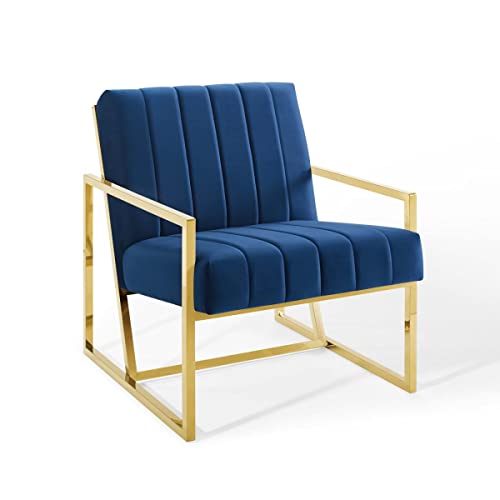 Modway Inspire Collection EEI-3914-NAV Accent Armchair with Dense Foam Padding Geometric Polished Gold Stainless Steel Base and Stain-Resistant Velvet Polyester Fabric Upholstery in Navy Color