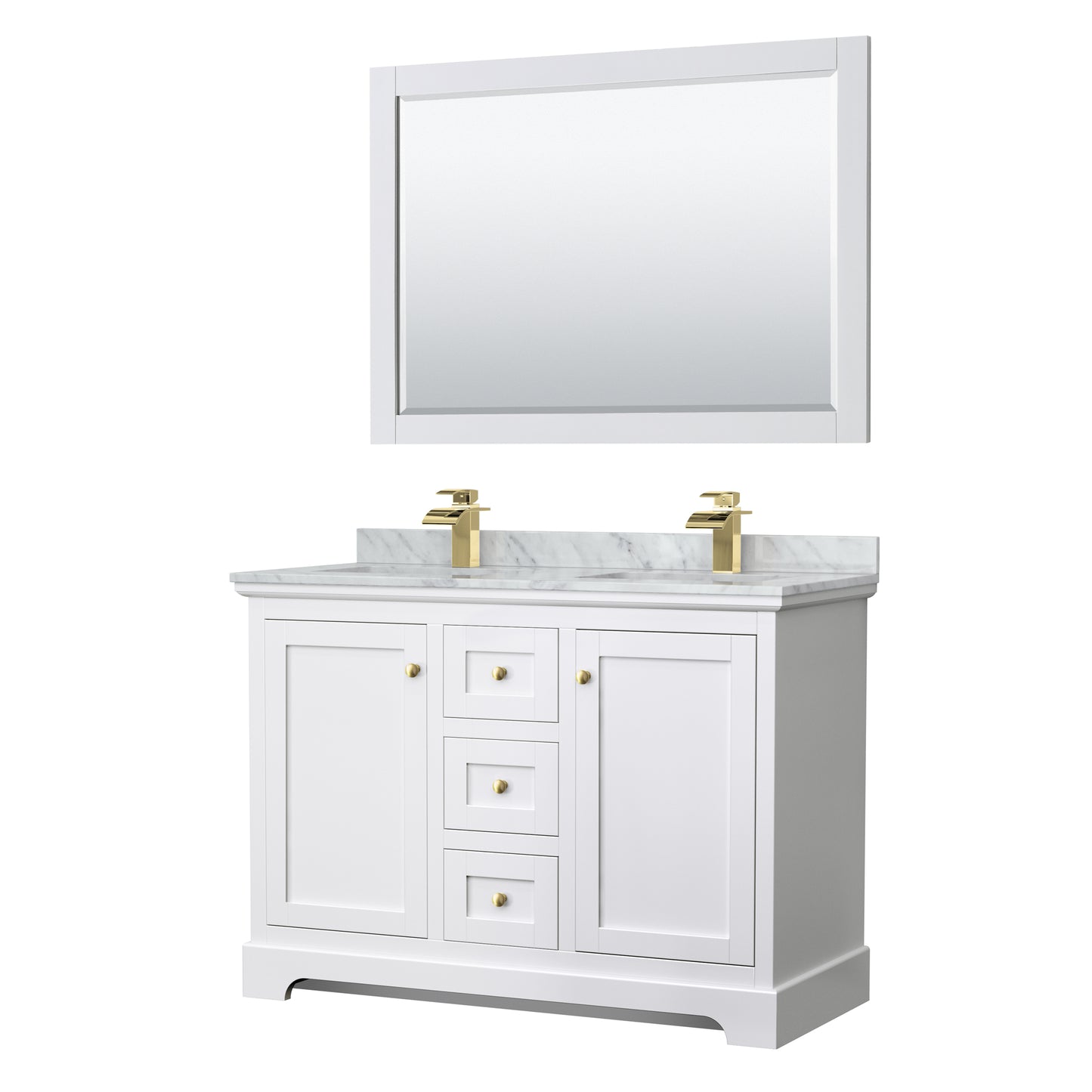 Avery 48 Inch Double Bathroom Vanity in White, White Carrara Marble Countertop, Undermount Square Sinks, 46 Inch Mirror, Brushed Gold Trim