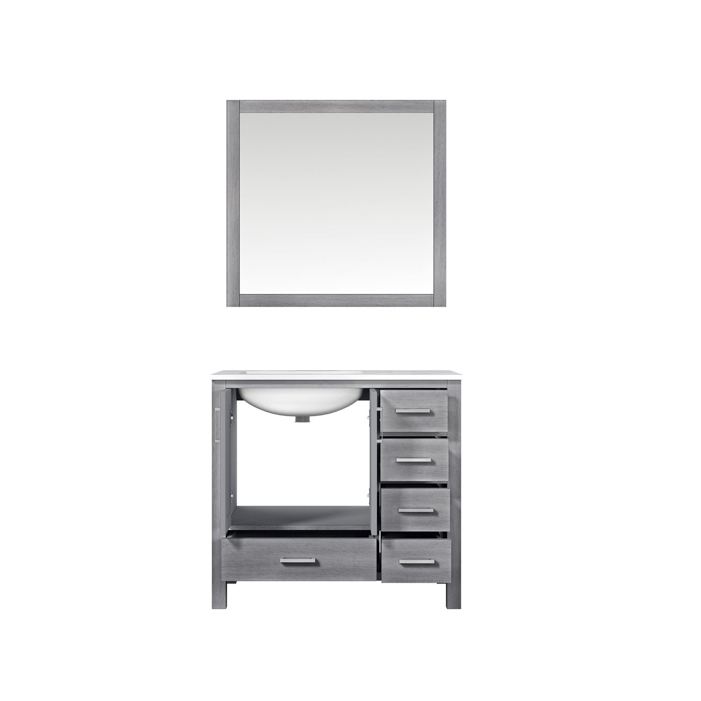 Jacques 36" Distressed Grey Single Vanity, White Carrara Marble Top, White Square Sink and 34" Mirror - Left Version