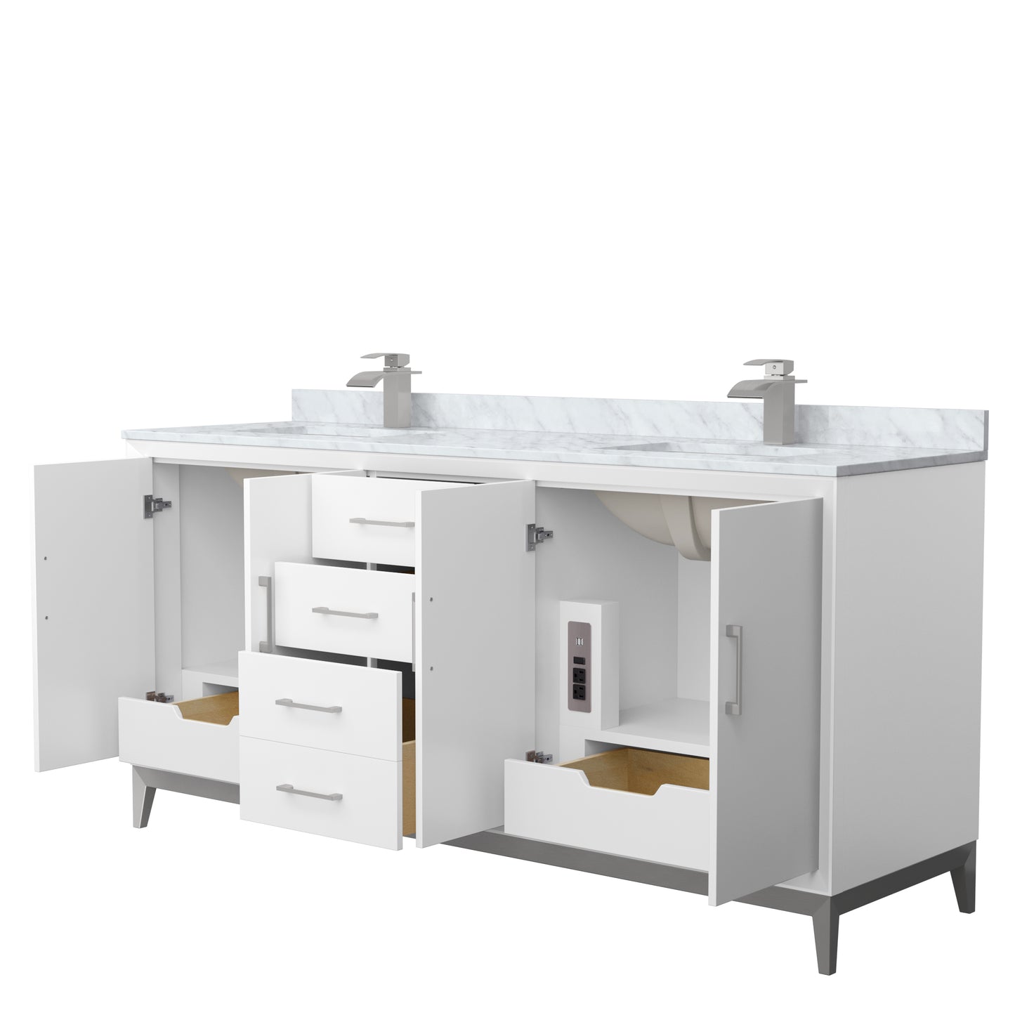 Amici 72 Inch Double Bathroom Vanity in White, White Carrara Marble Countertop, Undermount Square Sinks, Brushed Nickel Trim