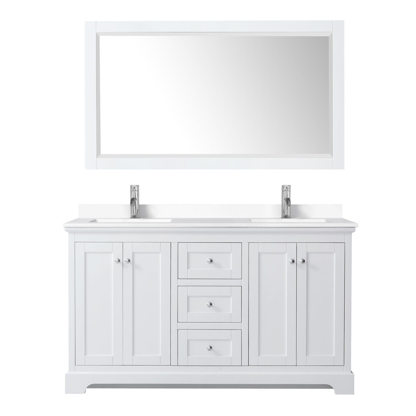 Avery 60 Inch Double Bathroom Vanity in White, White Cultured Marble Countertop, Undermount Square Sinks, 58 Inch Mirror
