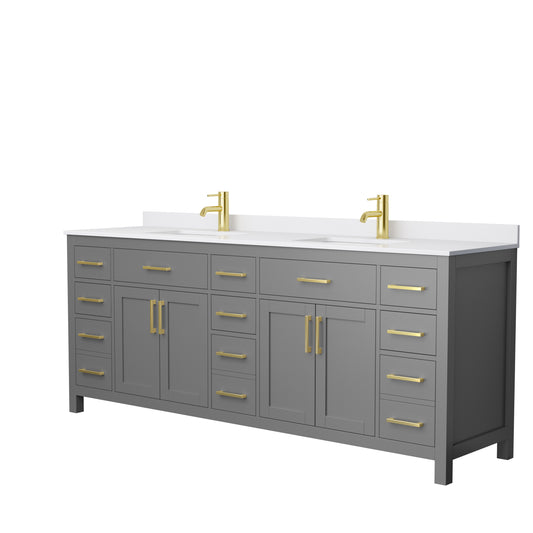 Beckett 84 Inch Double Bathroom Vanity in Dark Gray, White Cultured Marble Countertop, Undermount Square Sinks, Brushed Gold Trim