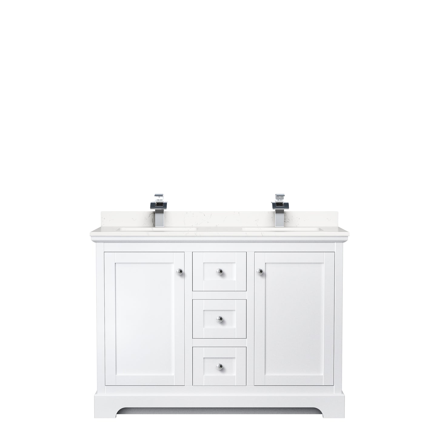 Avery 48 Inch Double Bathroom Vanity in White, Carrara Cultured Marble Countertop, Undermount Square Sinks, No Mirror