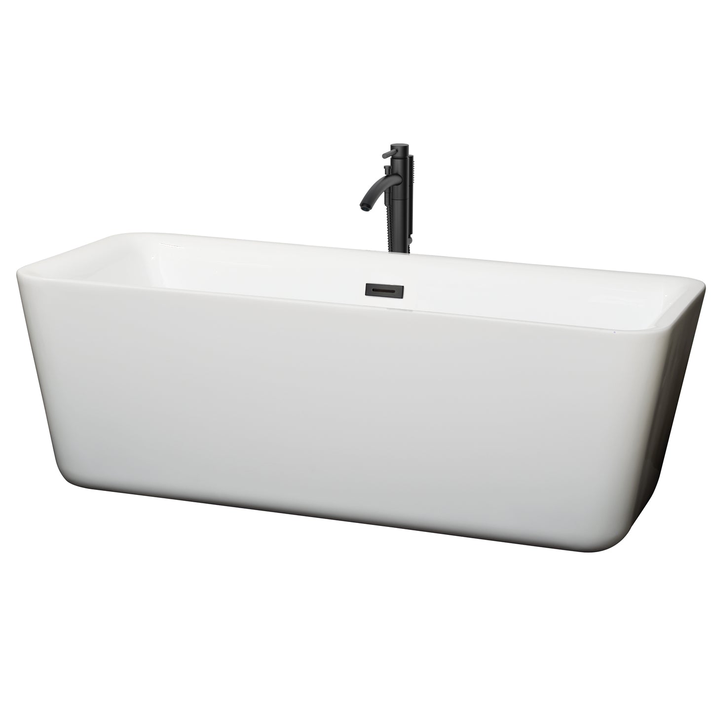 Emily 69 Inch Freestanding Bathtub in White with Floor Mounted Faucet, Drain and Overflow Trim in Matte Black