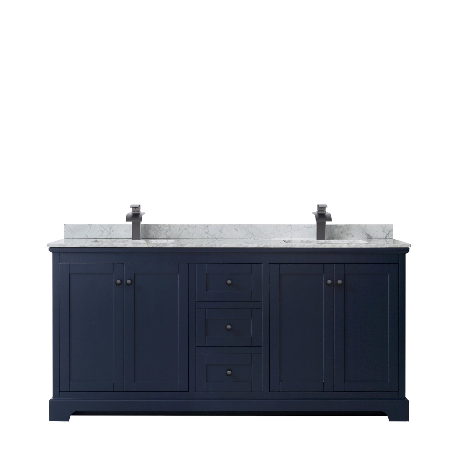 Avery 72 Inch Double Bathroom Vanity in Dark Blue, White Carrara Marble Countertop, Undermount Square Sinks, Matte Black Trim