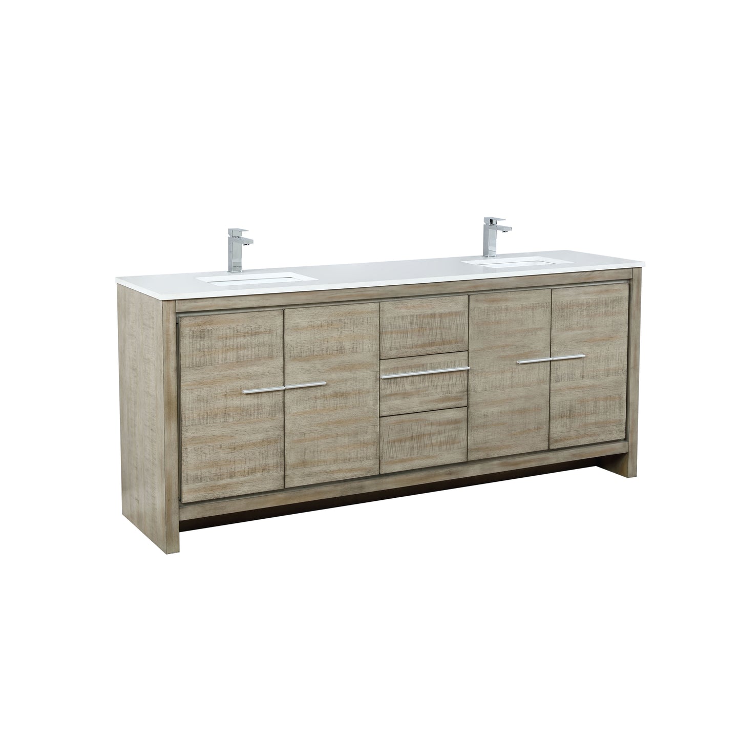 Lafarre 80" Rustic Acacia Double Bathroom Vanity, White Quartz Top, White Square Sinks, and Labaro Brushed Nickel Faucet Set