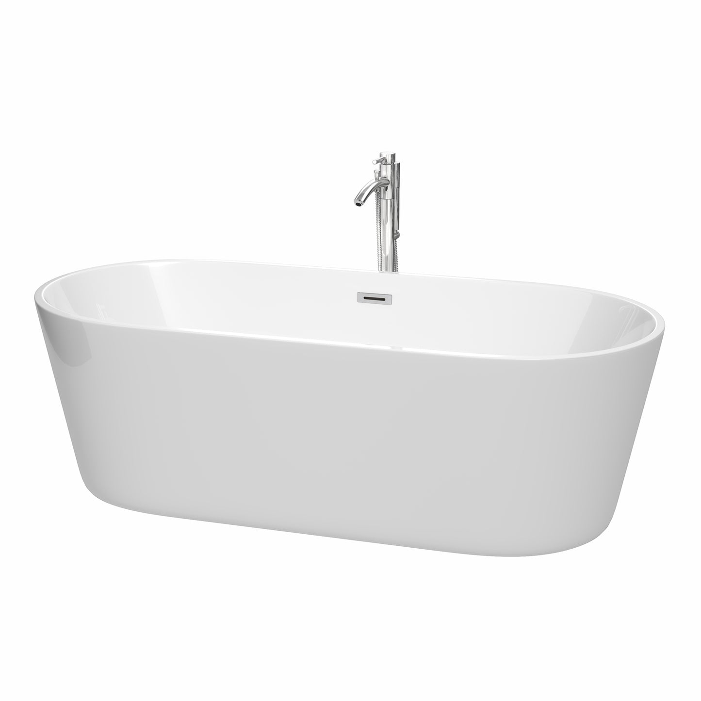 Carissa 71 Inch Freestanding Bathtub in White with Floor Mounted Faucet, Drain and Overflow Trim in Polished Chrome
