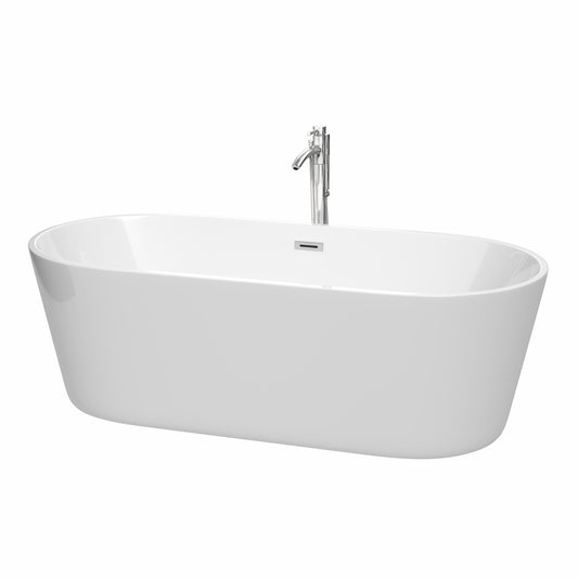 Carissa 71 Inch Freestanding Bathtub in White with Floor Mounted Faucet, Drain and Overflow Trim in Polished Chrome