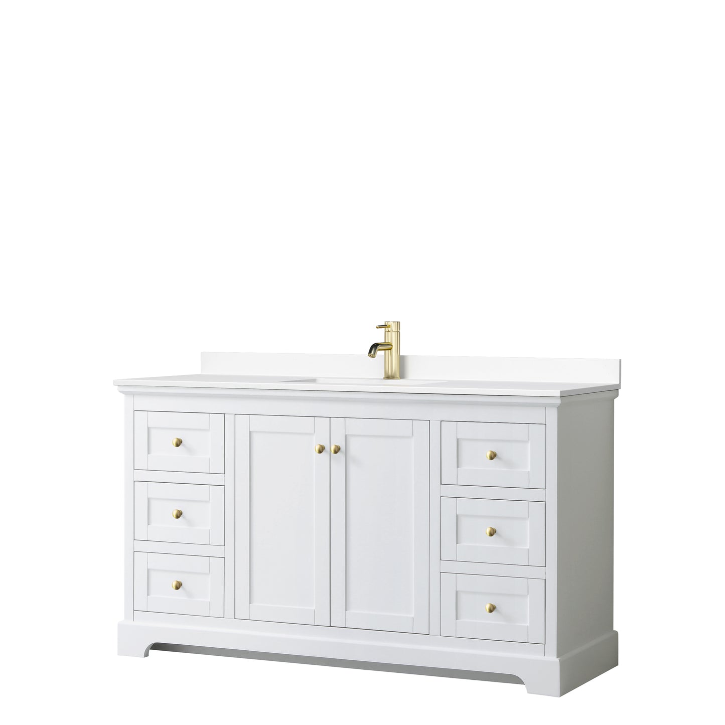 Avery 60 Inch Single Bathroom Vanity in White, White Cultured Marble Countertop, Undermount Square Sink, Brushed Gold Trim