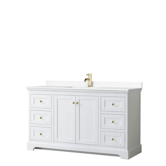 Avery 60 Inch Single Bathroom Vanity in White, White Cultured Marble Countertop, Undermount Square Sink, Brushed Gold Trim