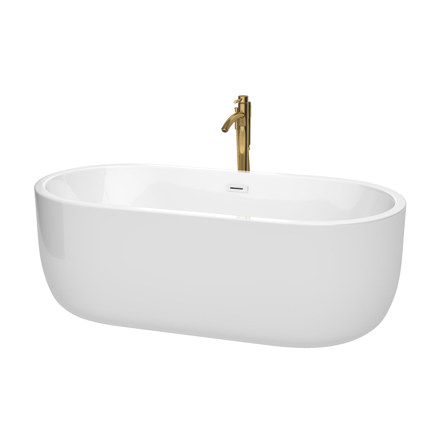 Juliette 67 Inch Freestanding Bathtub in White with Shiny White Trim and Floor Mounted Faucet in Brushed Gold