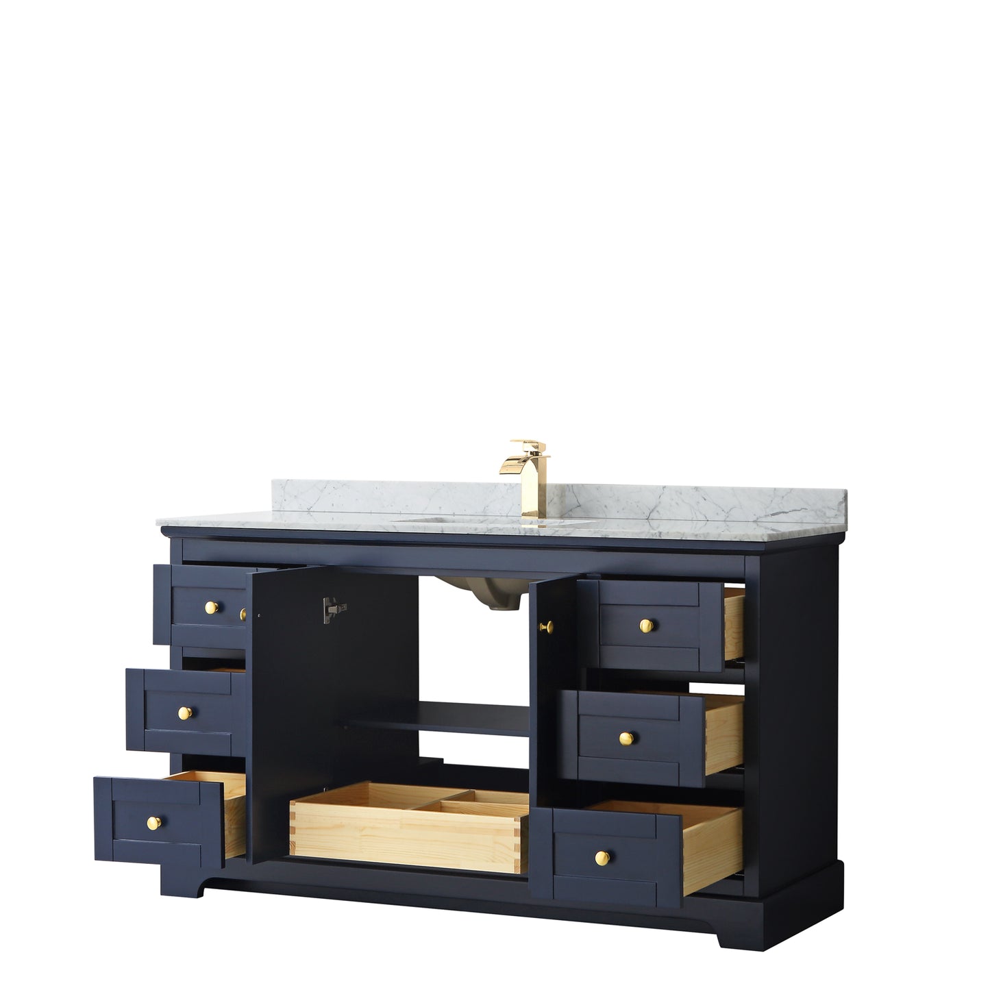 Avery 60 Inch Single Bathroom Vanity in Dark Blue, White Carrara Marble Countertop, Undermount Square Sink, and No Mirror