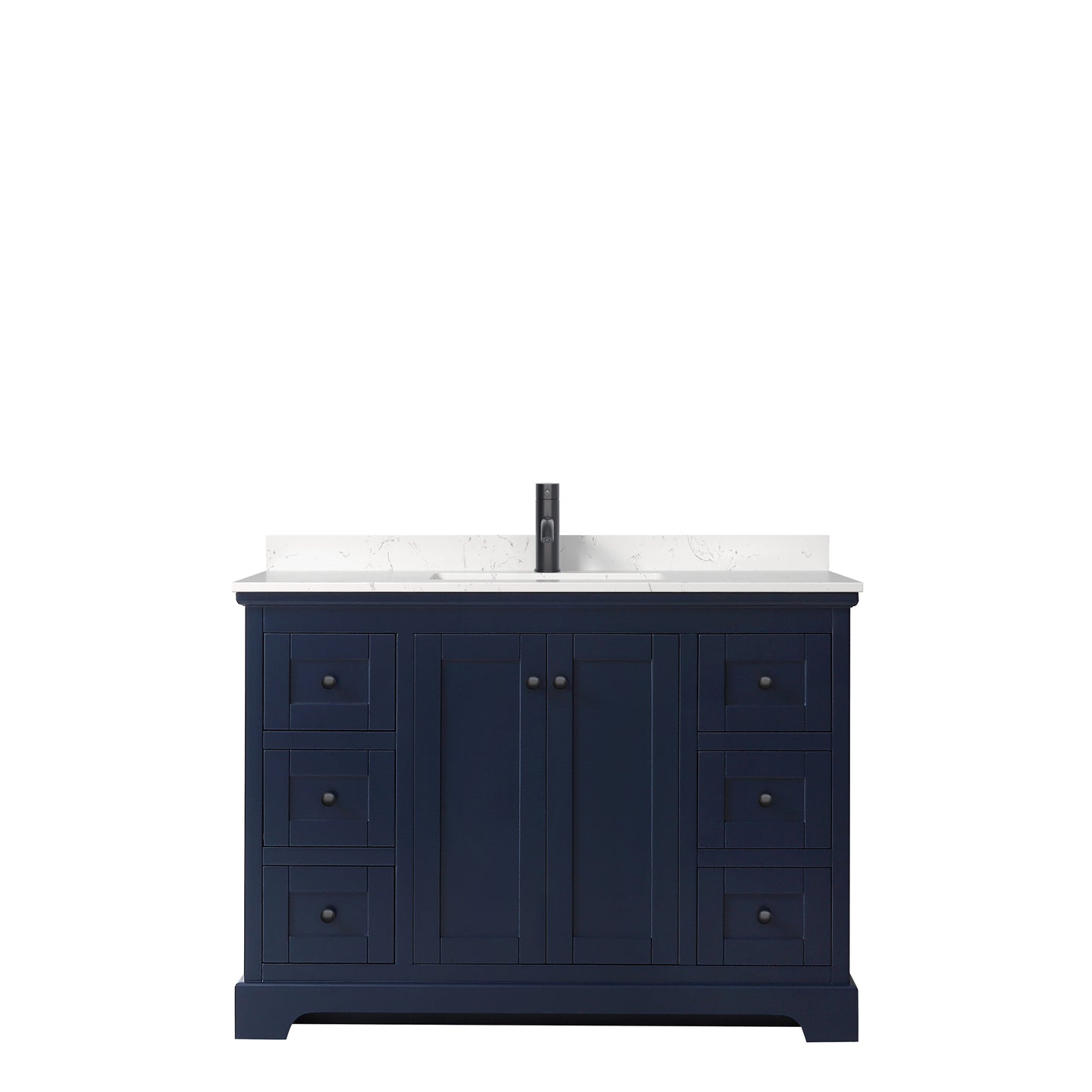 Avery 48 Inch Single Bathroom Vanity in Dark Blue, Carrara Cultured Marble Countertop, Undermount Square Sink, Matte Black Trim