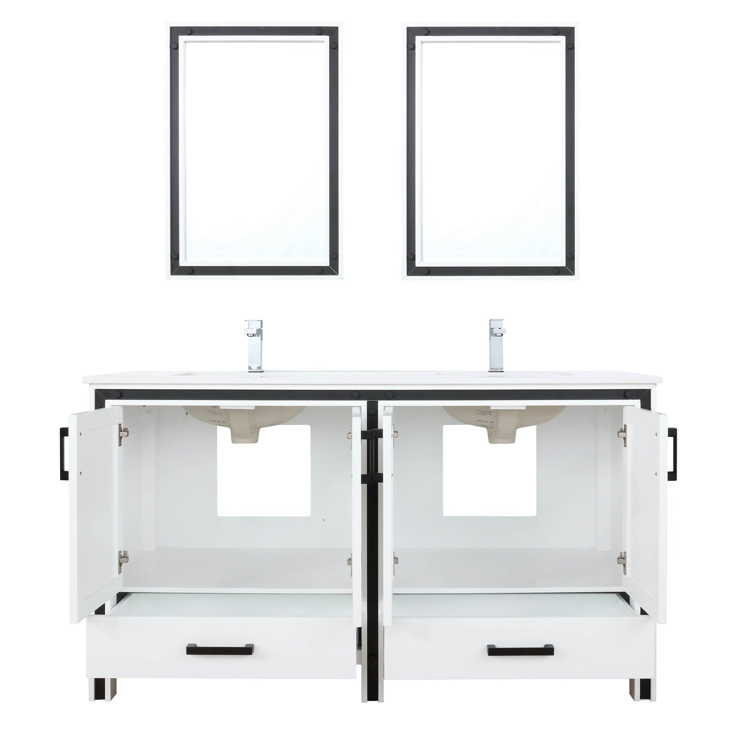 Ziva 60" White Double Vanity, Cultured Marble Top, White Square Sink and 22" Mirrors w/ Faucet