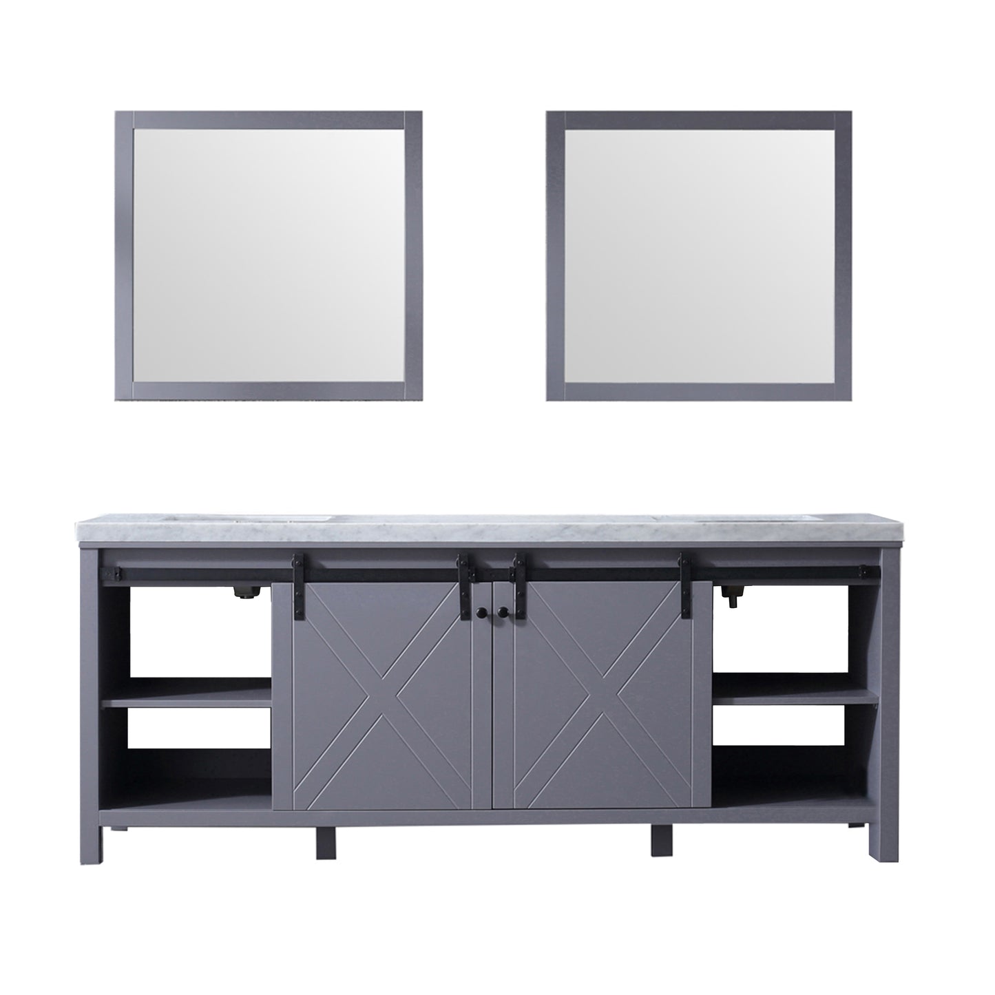 Marsyas 84" Dark Grey Double Vanity, White Carrara Marble Top, White Square Sinks and 34" Mirrors