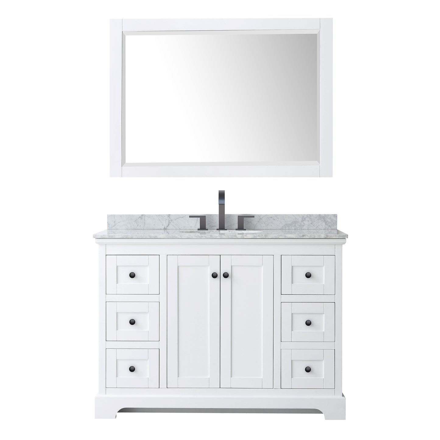 Avery 48 Inch Single Bathroom Vanity in White, White Carrara Marble Countertop, Undermount Oval Sink, Matte Black Trim, 46 Inch Mirror