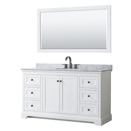 Avery 60 Inch Single Bathroom Vanity in White, White Carrara Marble Countertop, Undermount Oval Sink, Matte Black Trim, 58 Inch Mirror