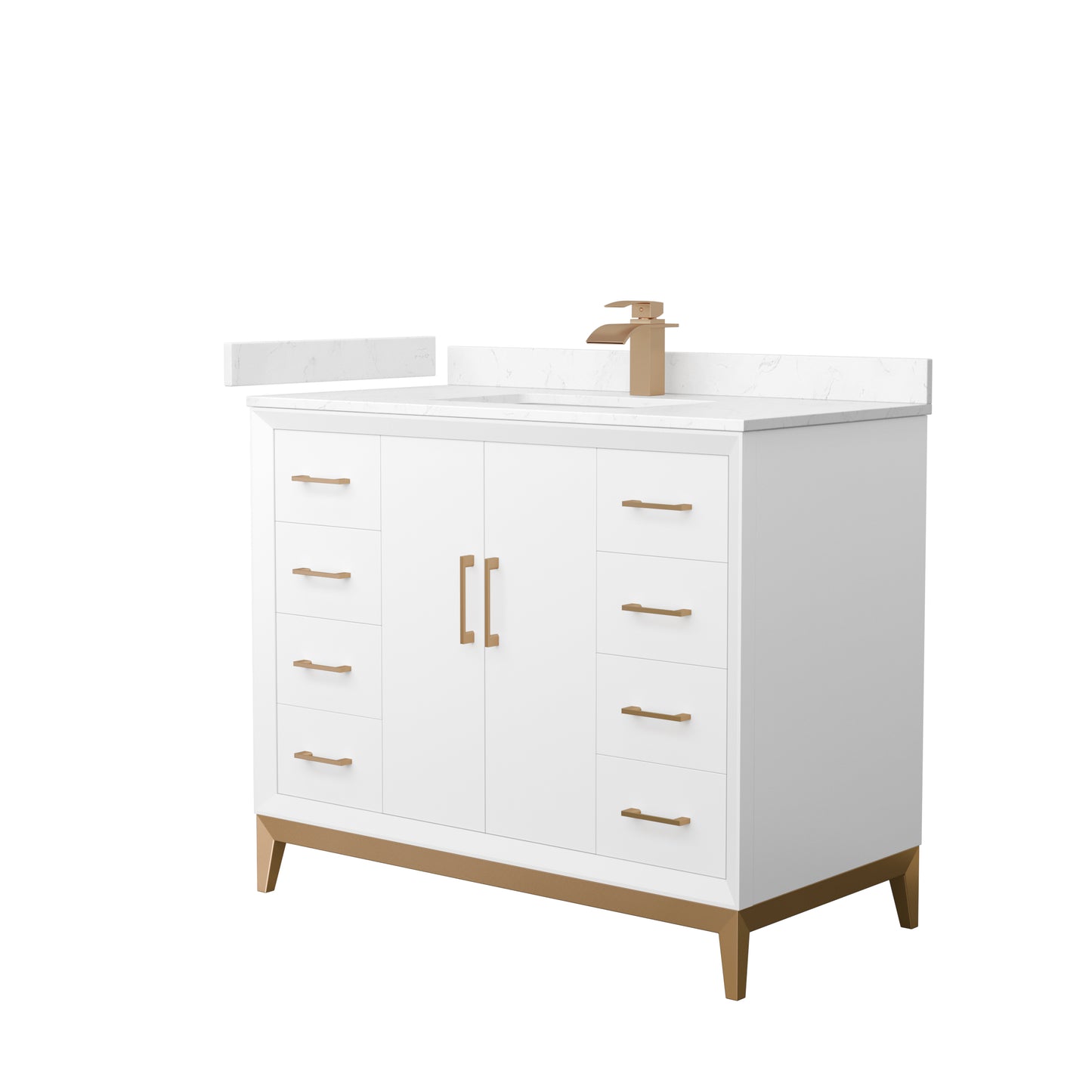Amici 42 Inch Single Bathroom Vanity in White, Carrara Cultured Marble Countertop, Undermount Square Sink, Satin Bronze Trim