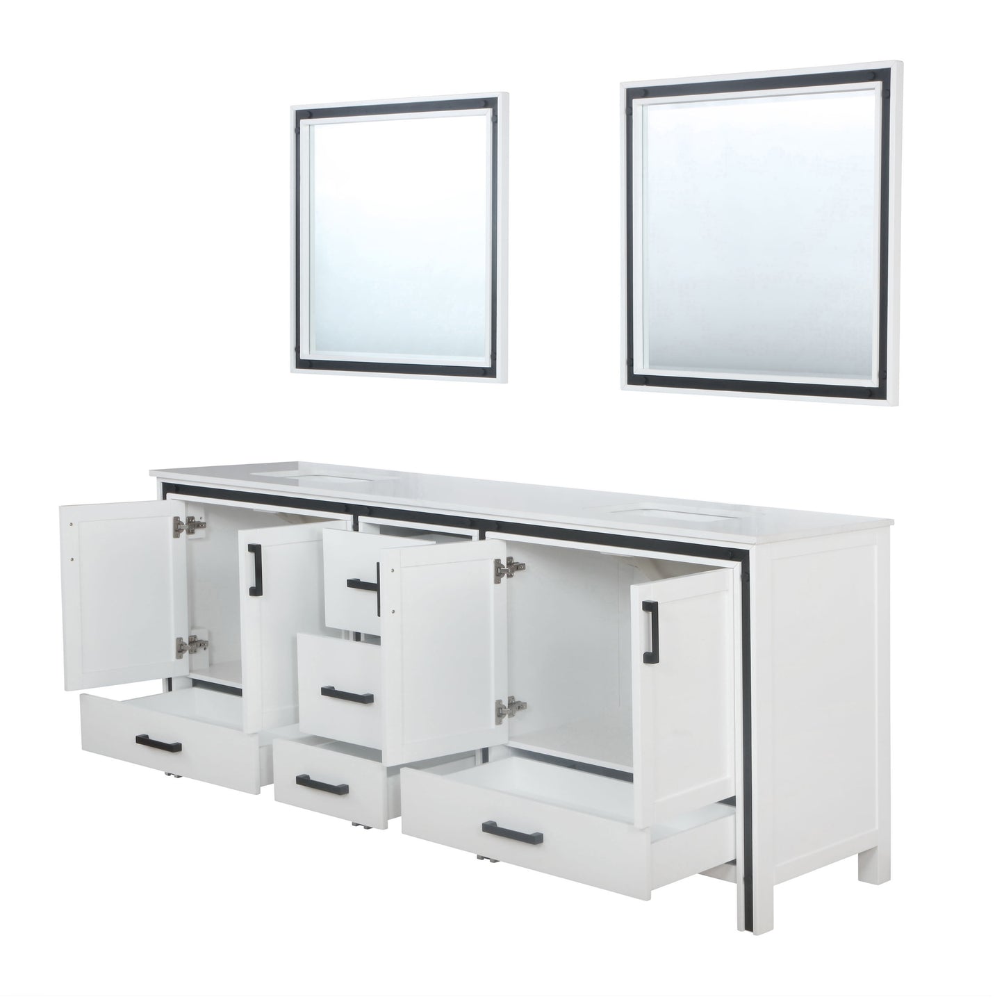 Ziva 84" White Double Vanity, Cultured Marble Top, White Square Sink and 34" Mirrors