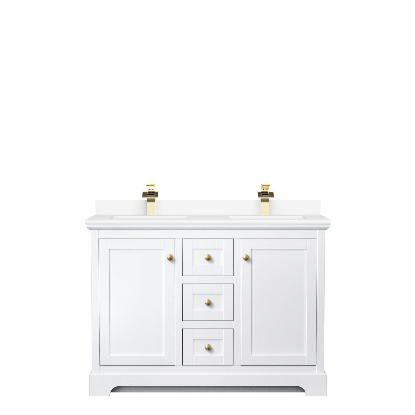 Avery 48 Inch Double Bathroom Vanity in White, White Cultured Marble Countertop, Undermount Square Sinks, Brushed Gold Trim
