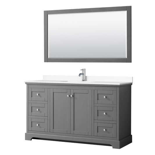 Avery 60 Inch Single Bathroom Vanity in Dark Gray, White Cultured Marble Countertop, Undermount Square Sink, 58 Inch Mirror