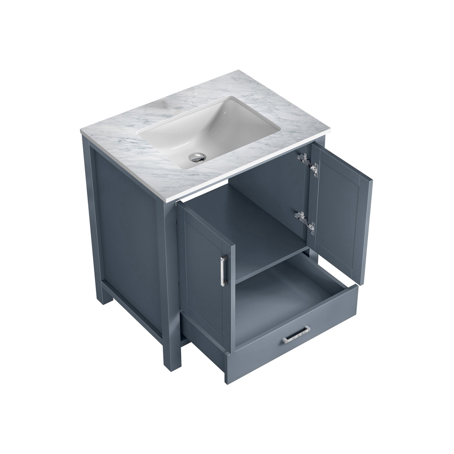Jacques 30" Dark Grey Single Vanity, White Carrara Marble Top, White Square Sink and no Mirror