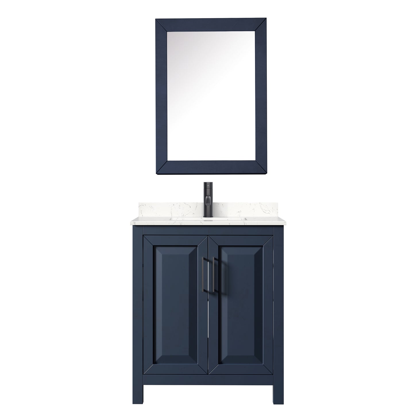 Daria 30 Inch Single Bathroom Vanity in Dark Blue, Carrara Cultured Marble Countertop, Undermount Square Sink, Matte Black Trim, Medicine Cabinet