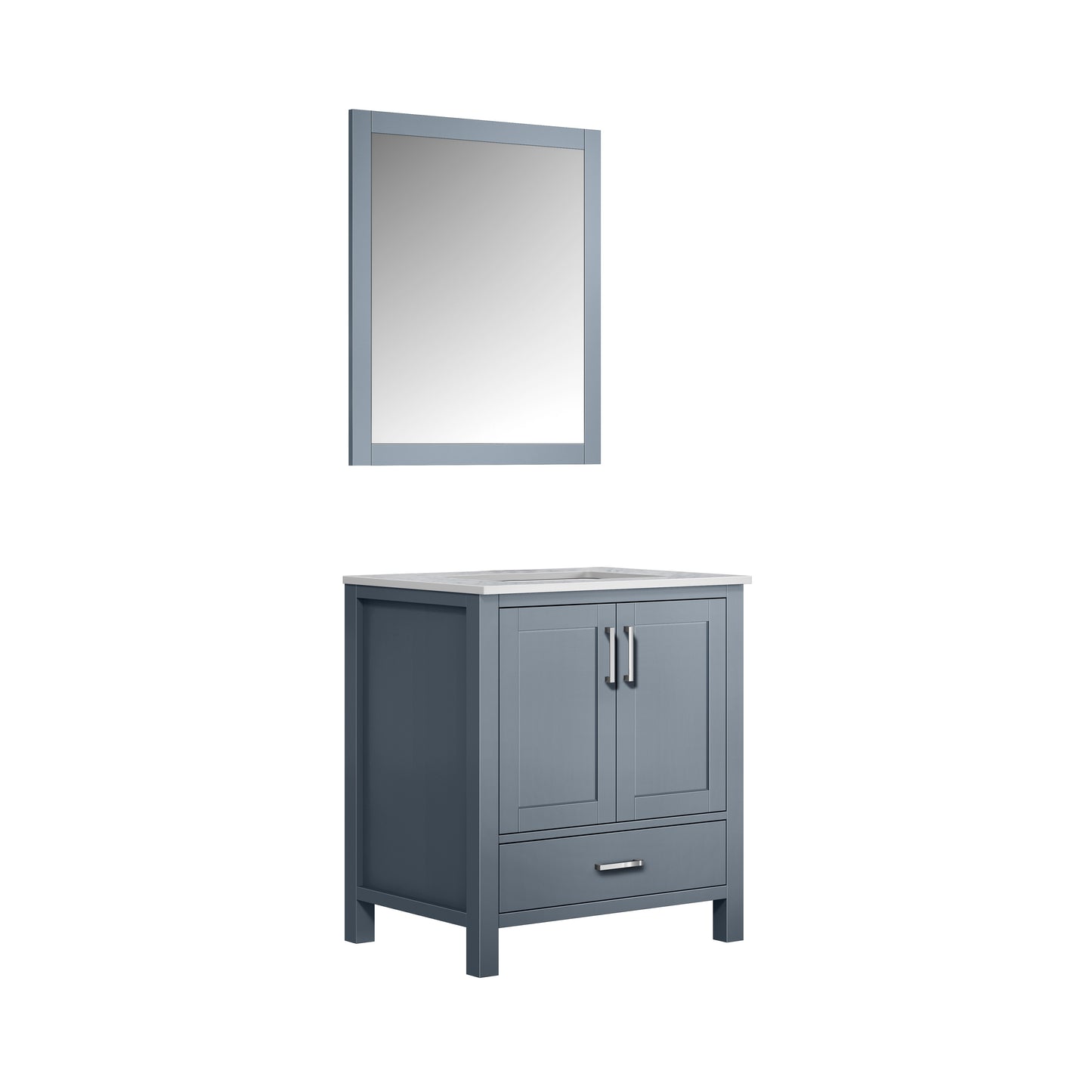 Jacques 30" Dark Grey Single Vanity, White Carrara Marble Top, White Square Sink and 28" Mirror