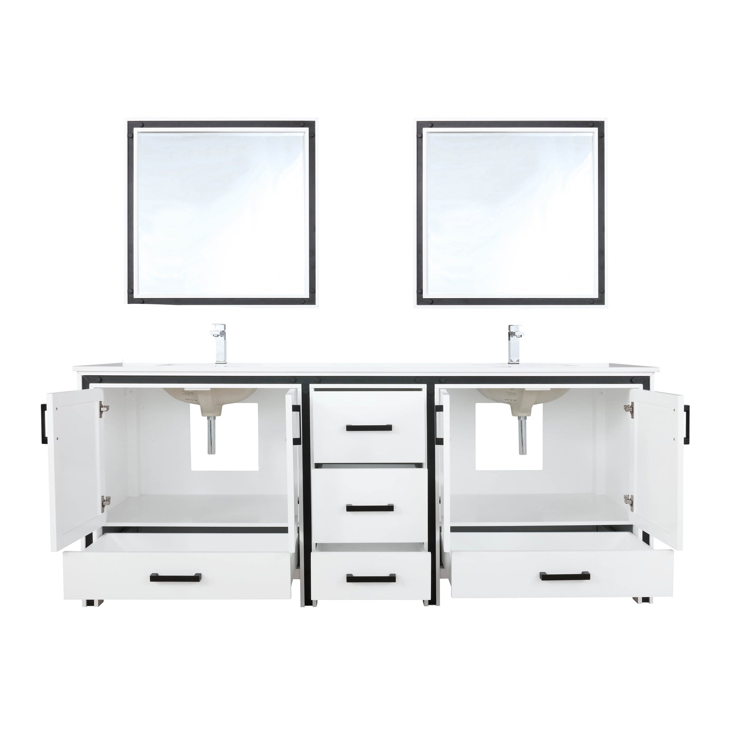 Ziva 80" White Double Vanity, Cultured Marble Top, White Square Sink and 30" Mirrors w/ Faucet