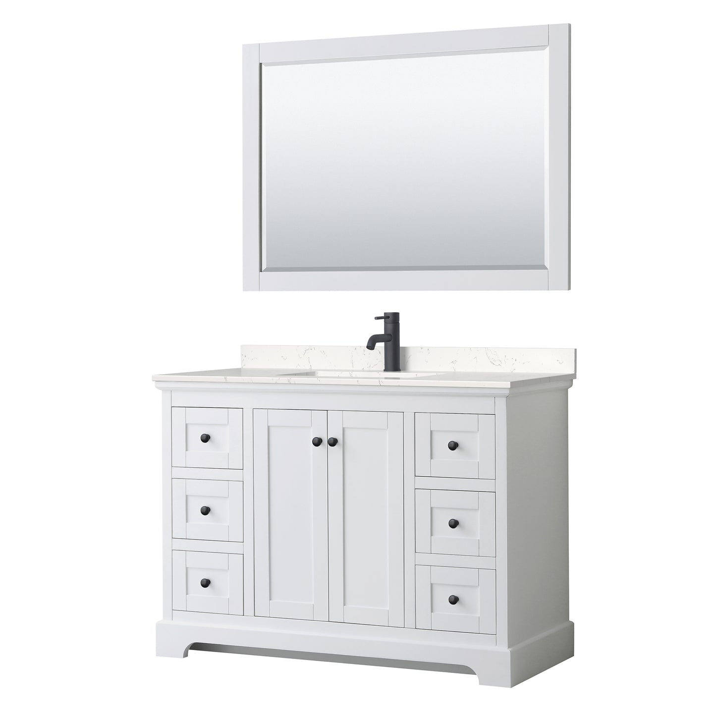 Avery 48 Inch Single Bathroom Vanity in White, Carrara Cultured Marble Countertop, Undermount Square Sink, Matte Black Trim, 46 Inch Mirror