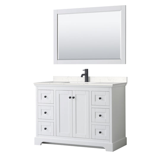 Avery 48 Inch Single Bathroom Vanity in White, Carrara Cultured Marble Countertop, Undermount Square Sink, Matte Black Trim, 46 Inch Mirror