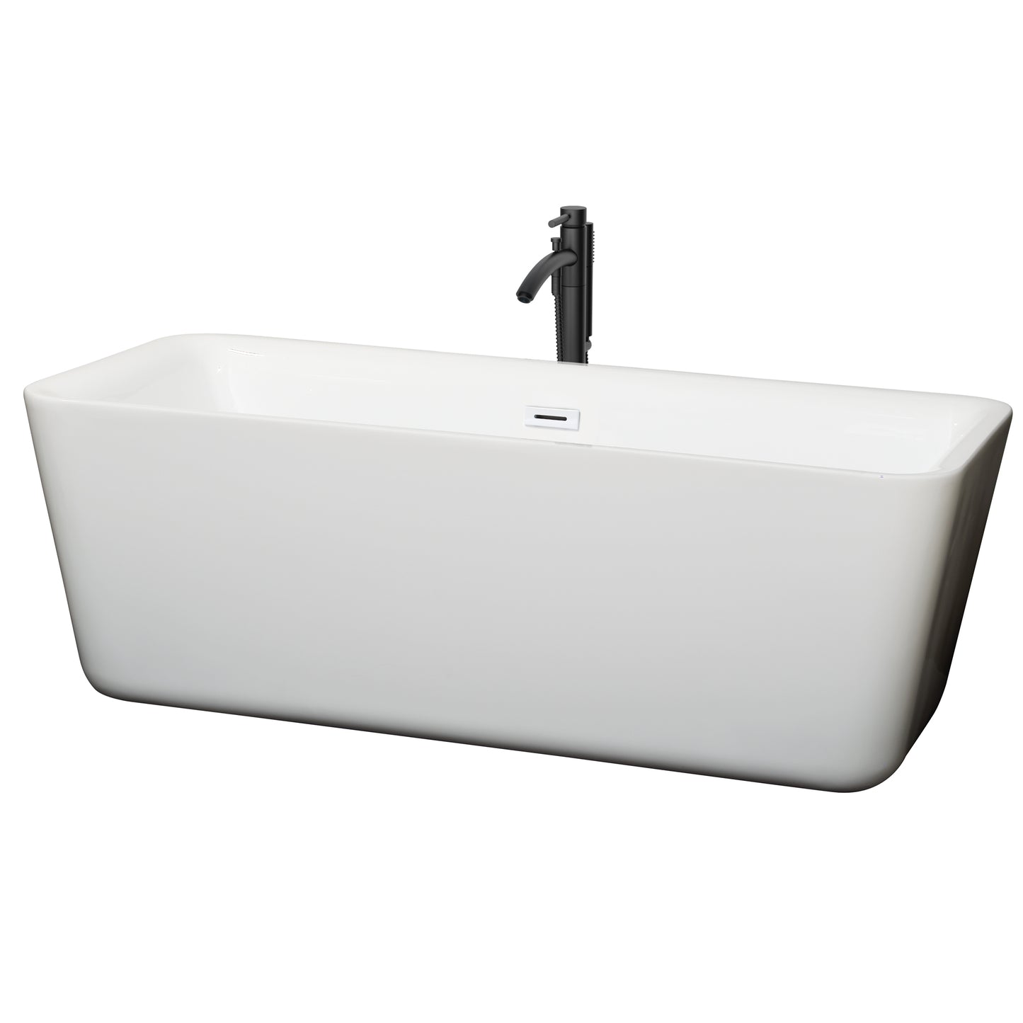 Emily 69 Inch Freestanding Bathtub in White with Shiny White Trim and Floor Mounted Faucet in Matte Black