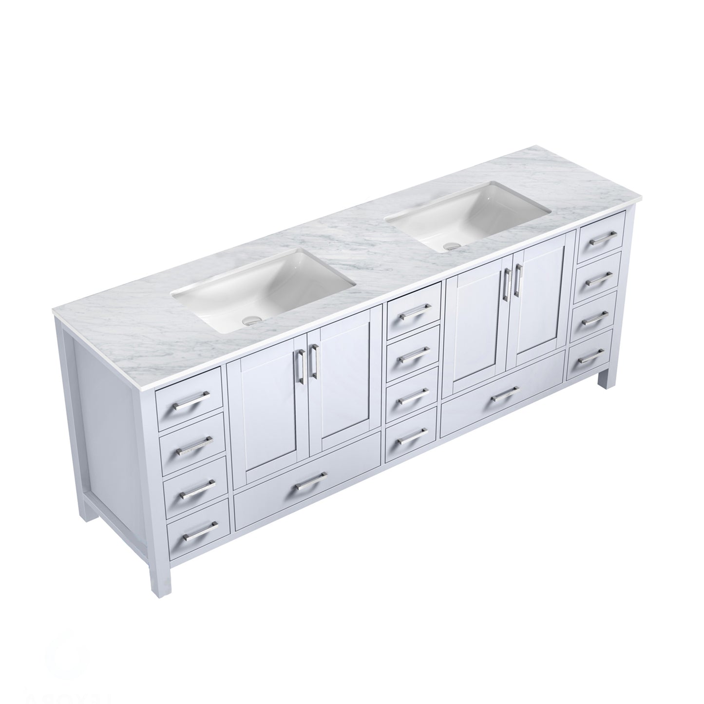 Jacques 84" White Double Vanity, White Carrara Marble Top, White Square Sinks and no Mirror