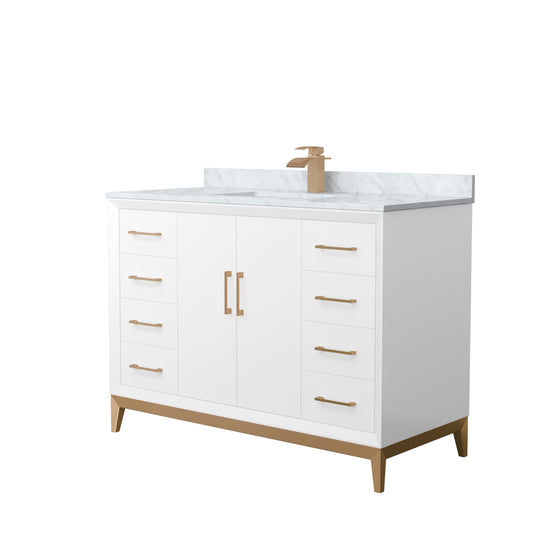 Amici 48 Inch Single Bathroom Vanity in White, White Carrara Marble Countertop, Undermount Square Sink, Satin Bronze Trim