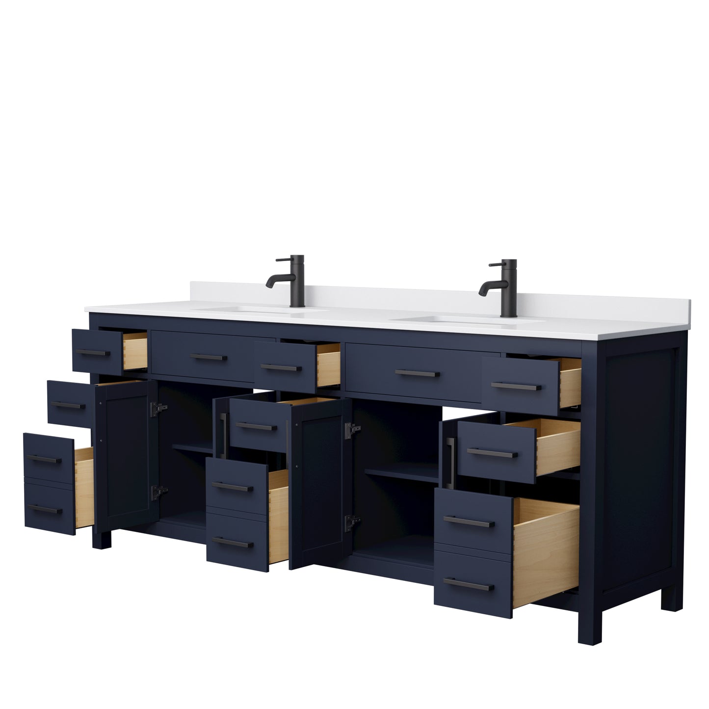 Beckett 84 Inch Double Bathroom Vanity in Dark Blue, White Cultured Marble Countertop, Undermount Square Sinks, Matte Black Trim