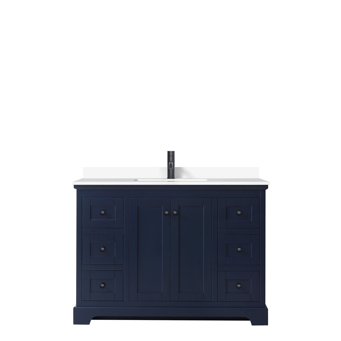 Avery 48 Inch Single Bathroom Vanity in Dark Blue, White Cultured Marble Countertop, Undermount Square Sink, Matte Black Trim