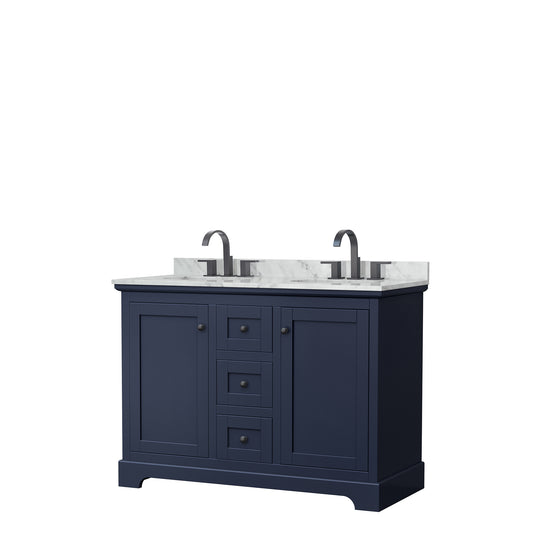 Avery 48 Inch Double Bathroom Vanity in Dark Blue, White Carrara Marble Countertop, Undermount Oval Sinks, Matte Black Trim