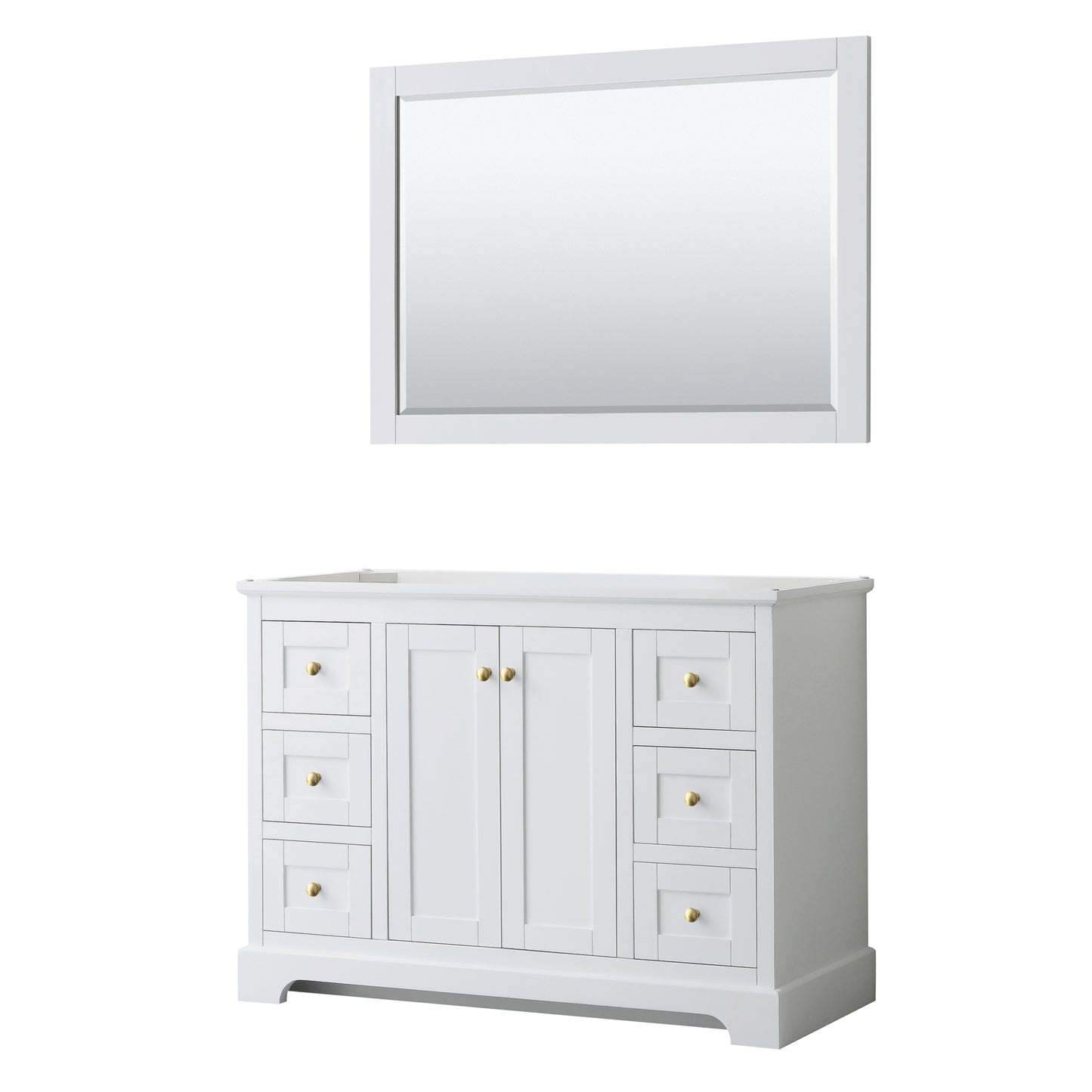 Avery 48 Inch Single Bathroom Vanity in White, No Countertop, No Sink, 46 Inch Mirror, Brushed Gold Trim