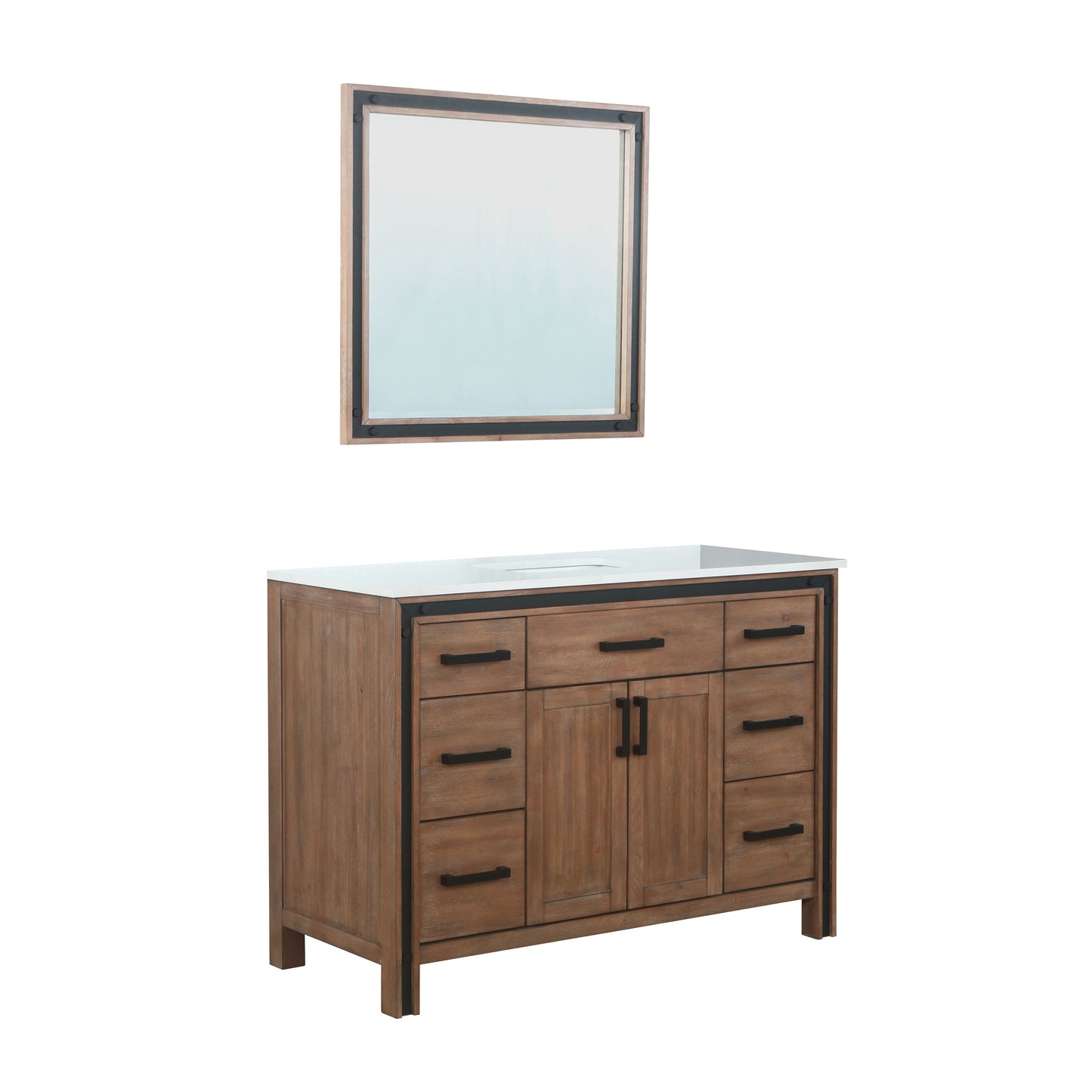 Ziva 48" Rustic Barnwood Single Vanity, Cultured Marble Top, White Square Sink and 34" Mirror