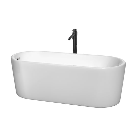 Ursula 67 Inch Freestanding Bathtub in White with Polished Chrome Trim and Floor Mounted Faucet in Matte Black