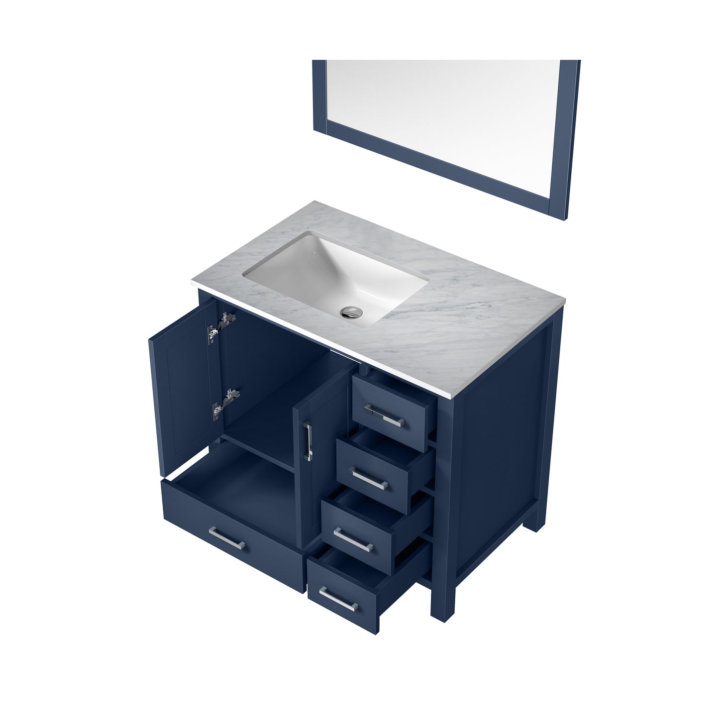 Jacques 36" Navy Blue Single Vanity, White Carrara Marble Top, White Square Sink and 34" Mirror - Left Version