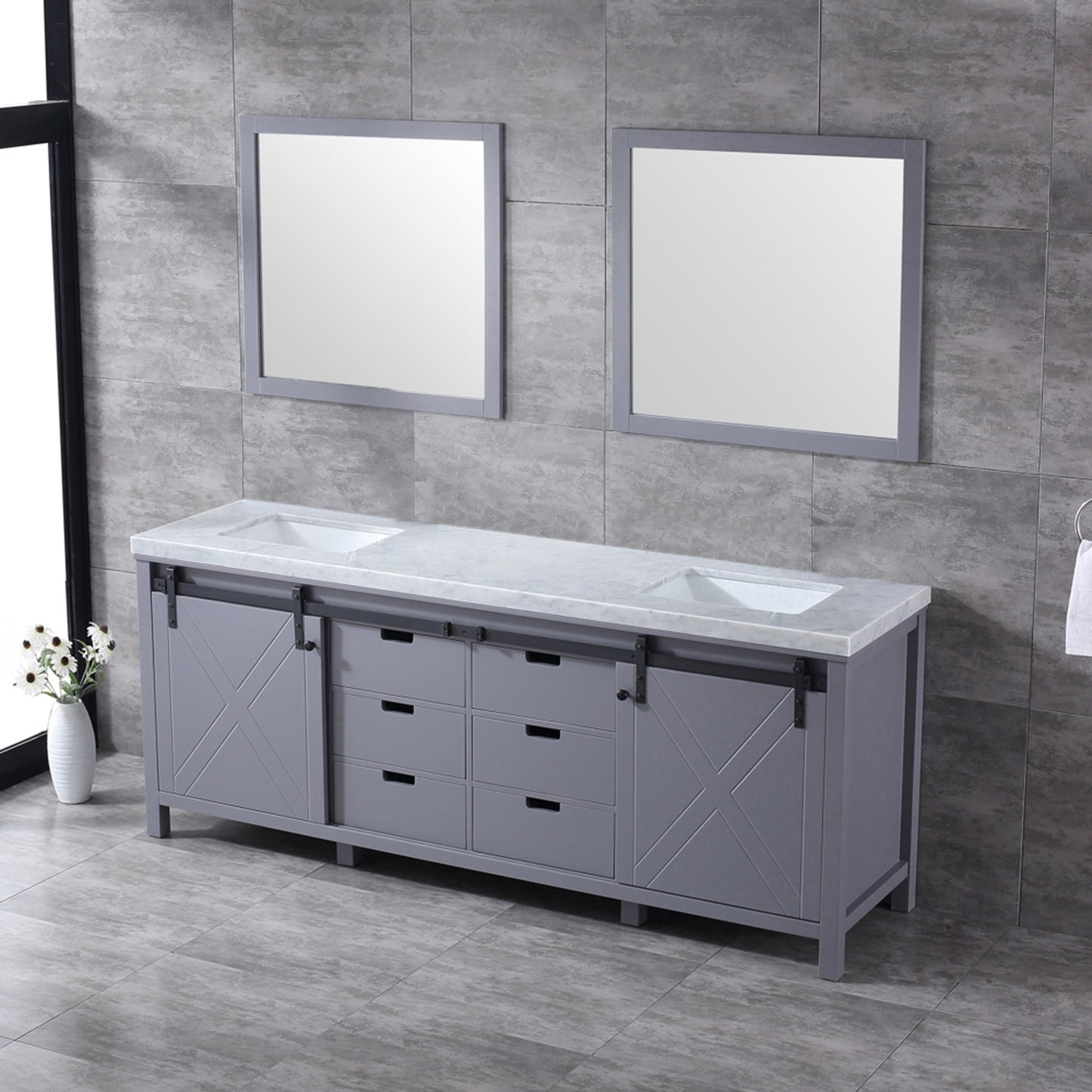 Marsyas 84" Dark Grey Double Vanity, White Carrara Marble Top, White Square Sinks and 34" Mirrors