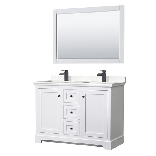 Avery 48 Inch Double Bathroom Vanity in White, Carrara Cultured Marble Countertop, Undermount Square Sinks, Matte Black Trim, 46 Inch Mirror