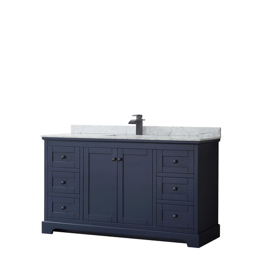 Avery 60 Inch Single Bathroom Vanity in Dark Blue, White Carrara Marble Countertop, Undermount Square Sink, Matte Black Trim