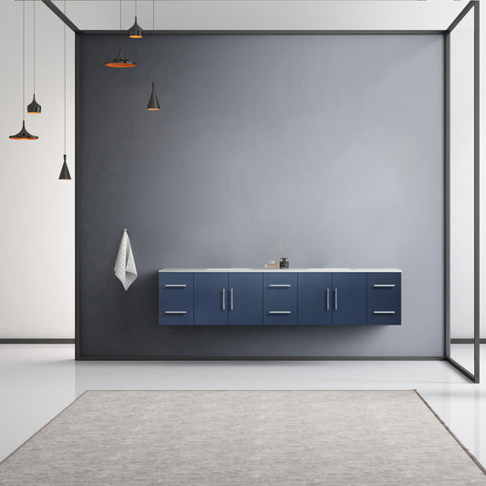 Geneva 84" Navy Blue Double Vanity, White Carrara Marble Top, White Square Sinks and no Mirror