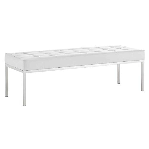 Modway Loft Tufted Button Vegan Leather Upholstered Large Accent Bench in Silver White