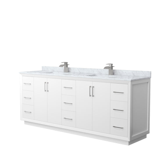 Strada 84 Inch Double Bathroom Vanity in White, White Carrara Marble Countertop, Undermount Square Sink, Brushed Nickel Trim