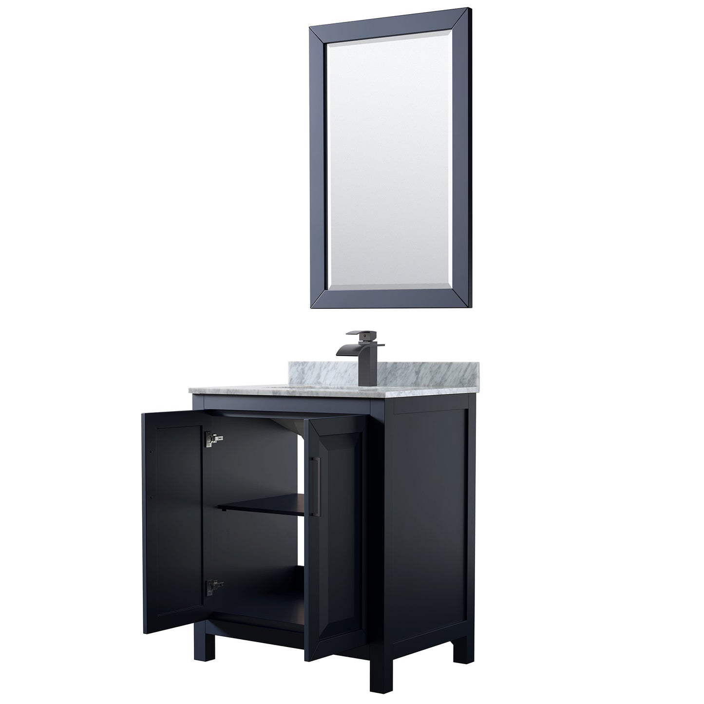 Daria 30 Inch Single Bathroom Vanity in Dark Blue, White Carrara Marble Countertop, Undermount Square Sink, Matte Black Trim, 24 Inch Mirror